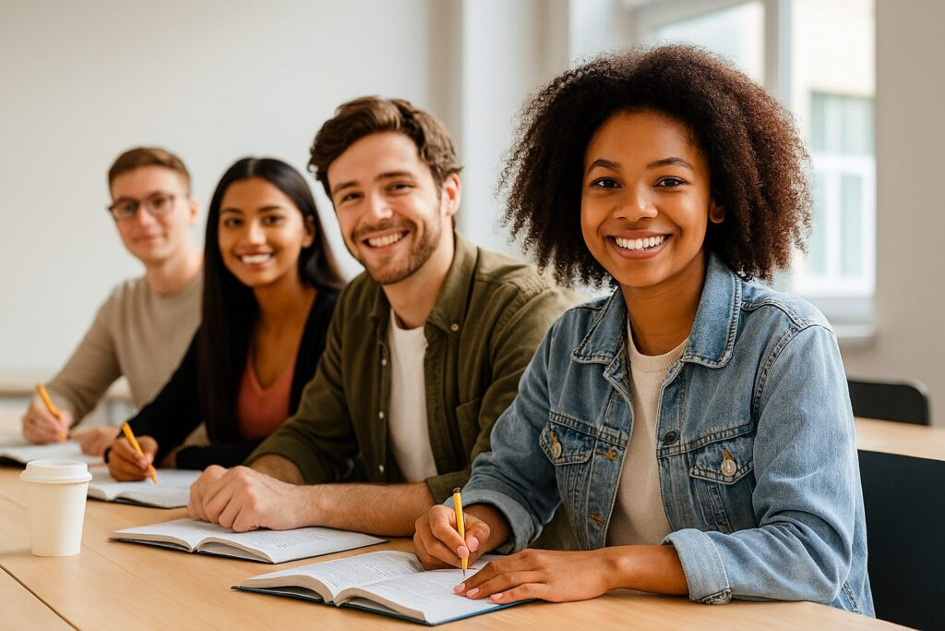 Grupa czterech uśmiechniętych studentów w trakcie zajęć