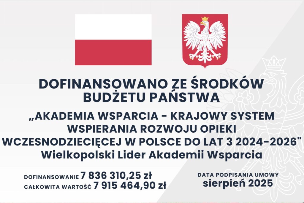 Informacja tekstowa o dofinansowaniu ze środków budżetu państwa wraz z flagą i godłem RP
