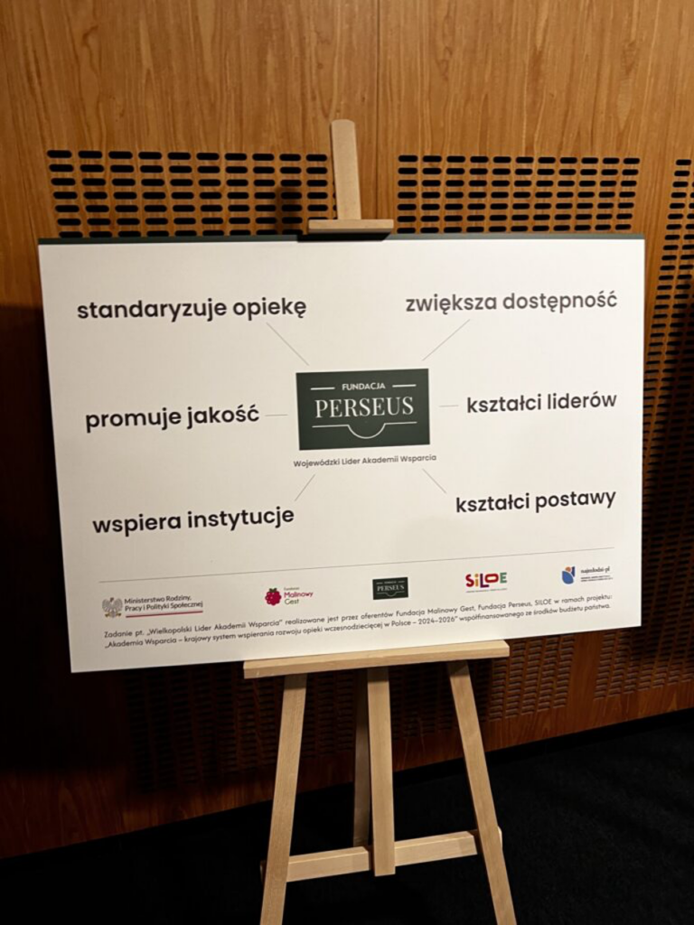 Tablica z logo Fundacji Perseus - Wojewódzkiego Lidera Akademii Wsparcia wraz z jej działaniami: standaryzuje opiekę, zwiększa dostępność, promuje jakość, kształci liderów, wspiera instytucje, kształci postawy.